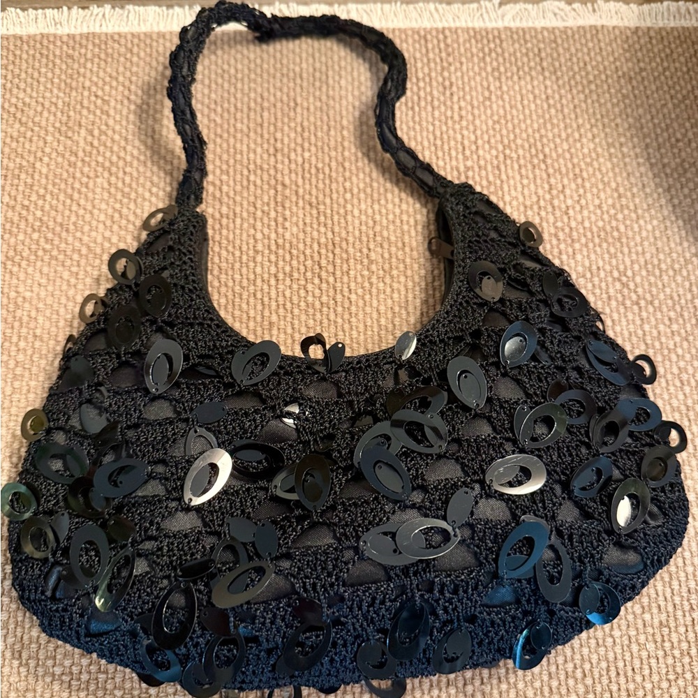 Black Sequin crochet shoulder bag hobo half-moon evening purse Y2K